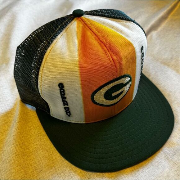 Green Bay Packers Vintage AJD Lucky Stripes Mesh Snap Trucker Hat Cap - Picture 3 of 5